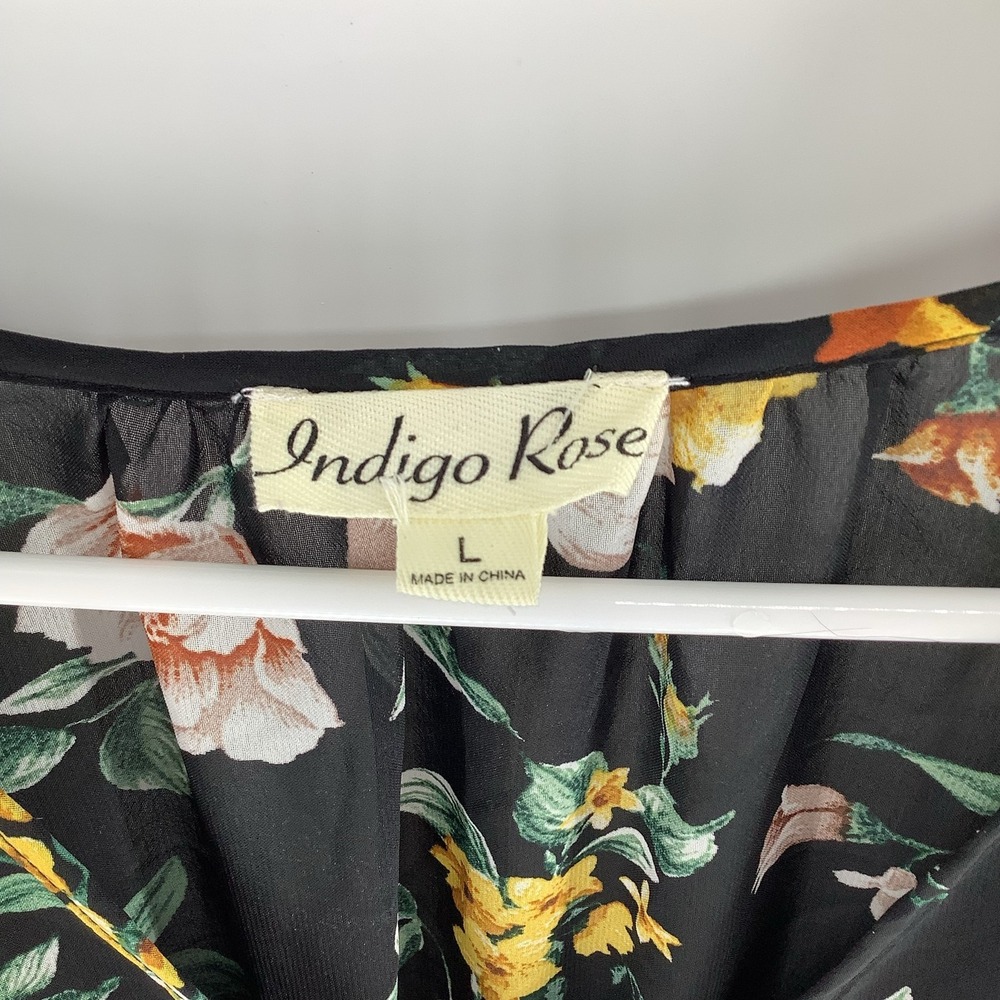 Indigo Rose Black Floral Pleated Maxi Dress V-Neck Long Sleeve Women's Sz L - Picture 3 of 6